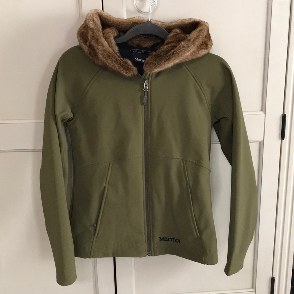 Marmot green jacket with faux fur hood